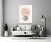 Peach Arc glass wall art styled above a credenza in a master bedroom