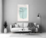 Mint Line Portrait glass wall art styled above a bench in a hallway
