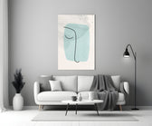 Mint Line Portrait glass wall art styled above a bench in a hallway
