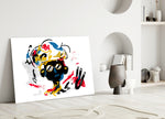 Street Mind glass wall art styled above a console in a creative office