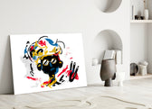 Street Mind glass wall art styled above a console in a creative office