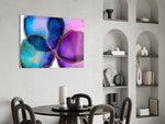Jewel Bloom glass print enhancing a living room with cinematic drama