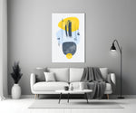 Mustard Wabi glass wall art styled above a credenza in a hallway