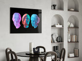 Vaporwave Trio glass print enhancing a living room with cinematic drama