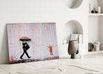 Color of Rain glass wall art styled above a credenza in a creative office