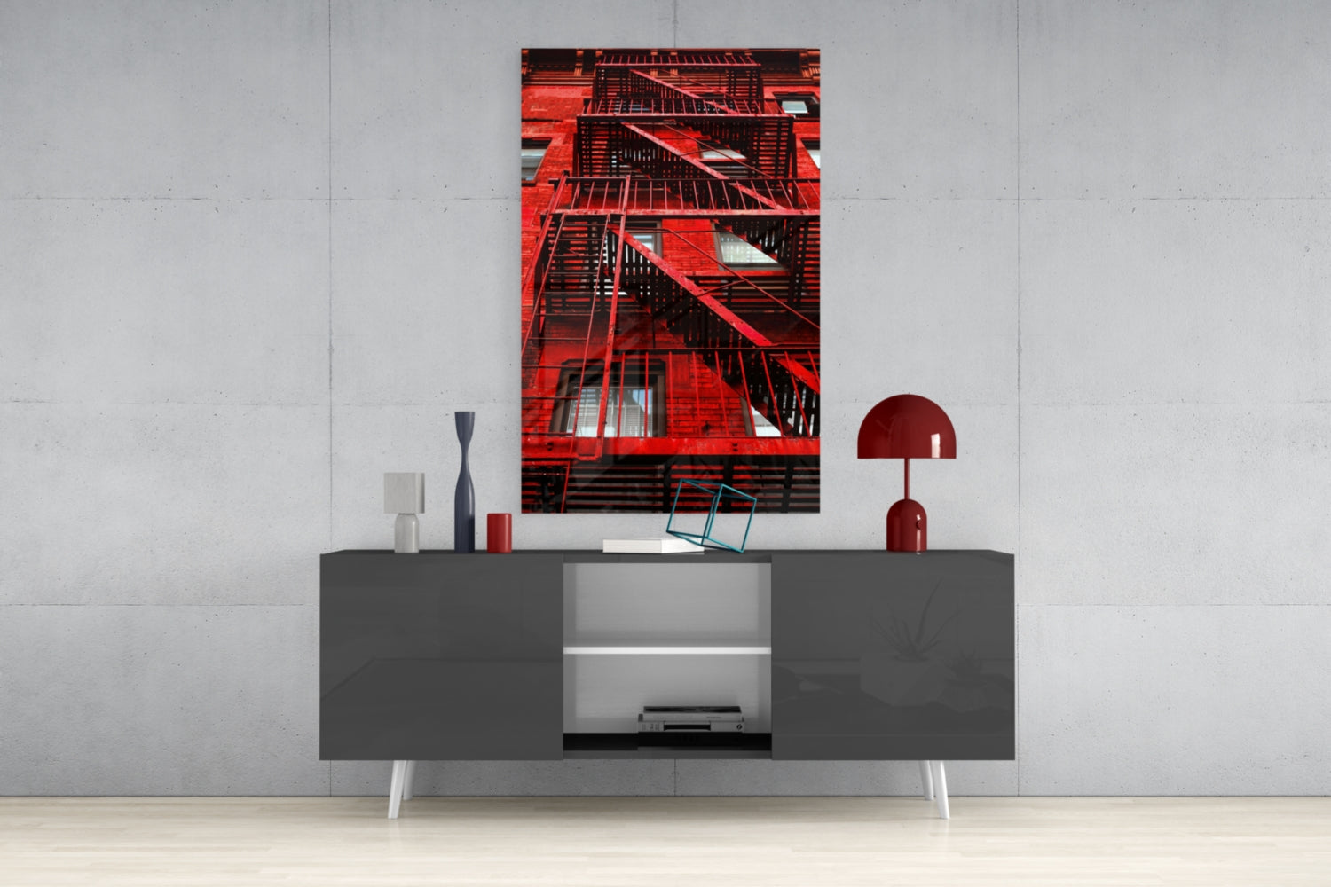 Red Stairs Glass Wall Art.