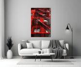 Red Stairs glass wall art styled above a sofa in a man's office