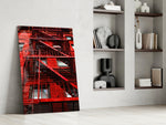 Red Stairs artwork anchoring a wall with bold urban palette