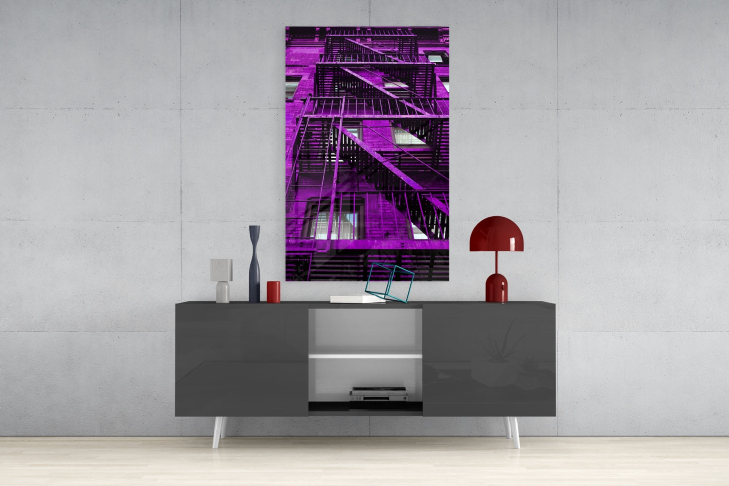 Purple Stairs Glass Wall Art.