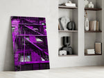 Purple Stairs artwork anchoring a wall with moody urban palette