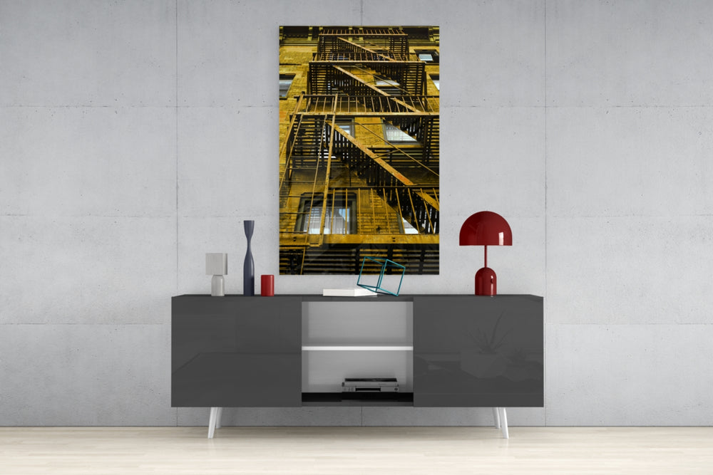 Yellow Stairs Glass Wall Art.