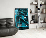 Blue Stairs glass print enhancing a gaming room with cinematic drama