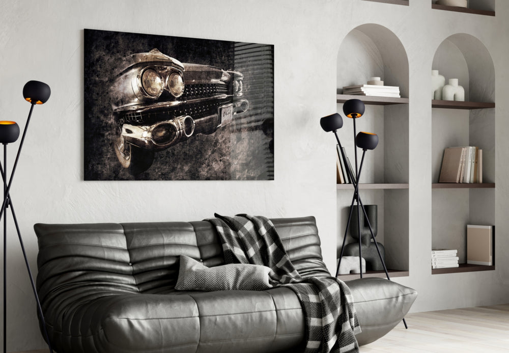 Vintage Cadillac panel adding editorial mood to a man's office