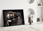 Vintage Cadillac glass wall art styled above a sofa in a man cave