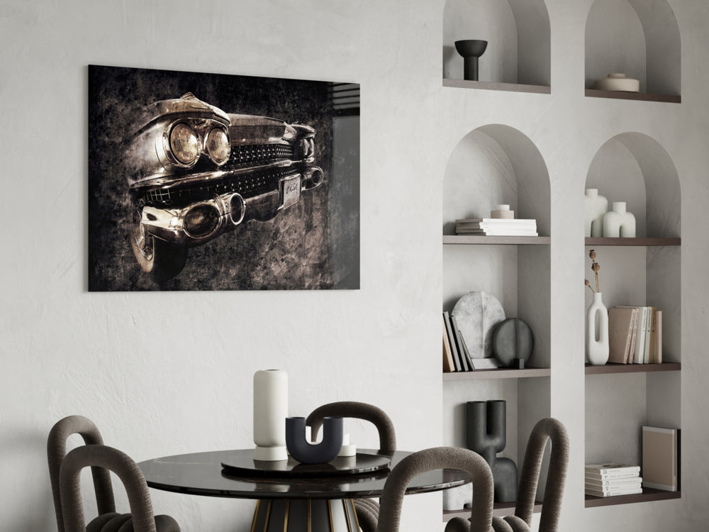 Vintage Cadillac glass print enhancing a gaming room with cinematic drama