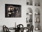 Vintage Cadillac glass print enhancing a gaming room with cinematic drama