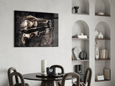 Vintage Cadillac glass print enhancing a gaming room with cinematic drama