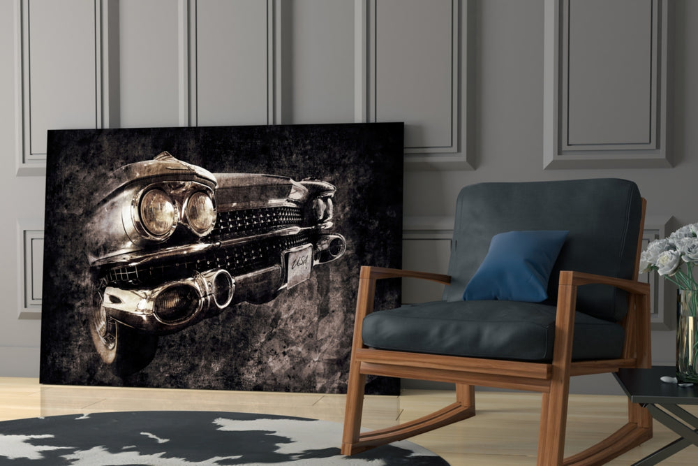 Vintage Cadillac artwork anchoring a wall with moody americana palette
