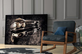 Vintage Cadillac artwork anchoring a wall with moody americana palette