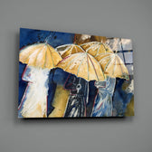 Yellow Umbrellas close-up showing painterly umbrella canopies against navy rain