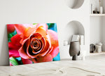 Coral Rose glass wall art styled above a bed in a master bedroom