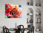 Coral Rose glass print enhancing a dining room with editorial drama