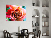 Coral Rose glass print enhancing a dining room with editorial drama
