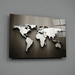 Chrome World Map close-up showing chromed continents against brushed charcoal