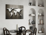 Chrome World Map glass print enhancing a hallway with cinematic drama