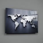 Silver World Map close-up showing silver continents against navy brushed metal