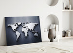 Silver World Map glass wall art styled above a credenza in a study