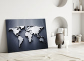Silver World Map glass wall art styled above a credenza in a study