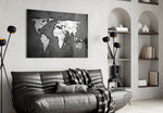 Grunge World Map panel adding editorial mood to a living room