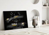 Tribal Spirit glass wall art styled above a credenza in a living room