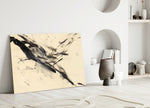 Sumi Ink glass wall art styled above a credenza in a hallway