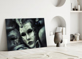 Venetian Masks glass wall art styled above a credenza in a dining room
