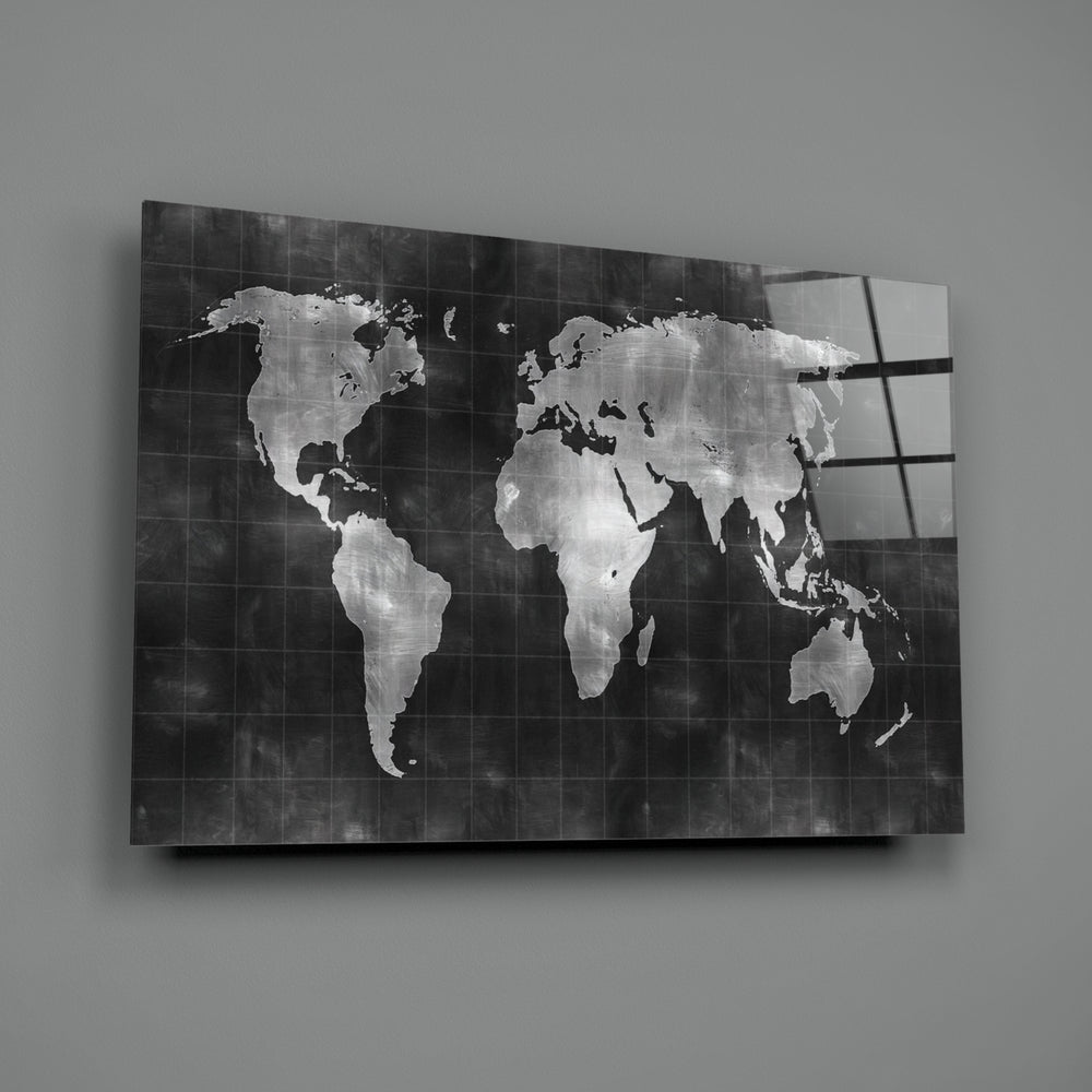 Chalkboard Map close-up showing chalked continents on slate grid