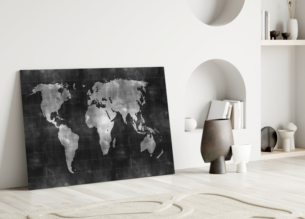 Chalkboard Map glass wall art styled above a desk in a study