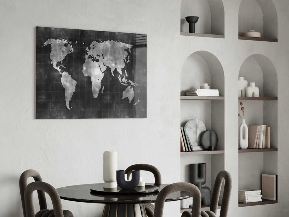 Chalkboard Map glass print enhancing a hallway with cinematic drama