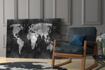 Chalkboard Map artwork anchoring a wall with moody scholarly palette