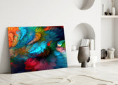 Fractal Feathers glass wall art styled above a credenza in a creative office