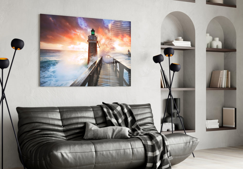 Sunset Lighthouse panel adding serene mood to a bedroom