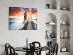 Sunset Lighthouse glass print enhancing a hallway with editorial drama