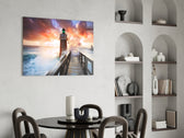 Sunset Lighthouse glass print enhancing a hallway with editorial drama