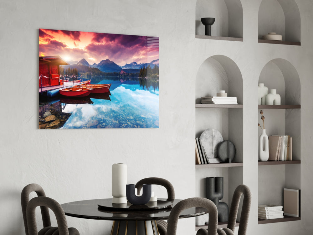 Lake Boats glass print enhancing a dining room with editorial drama