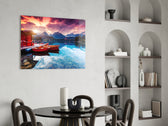 Lake Boats glass print enhancing a dining room with editorial drama