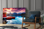 Lake Boats artwork anchoring a wall with serene alpine palette