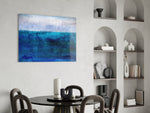 Indigo Sea glass print enhancing a bathroom with editorial drama