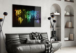 Neon Pixel Map panel adding editorial mood to a man's office