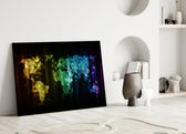Neon Pixel Map glass wall art styled above a desk in a gaming room